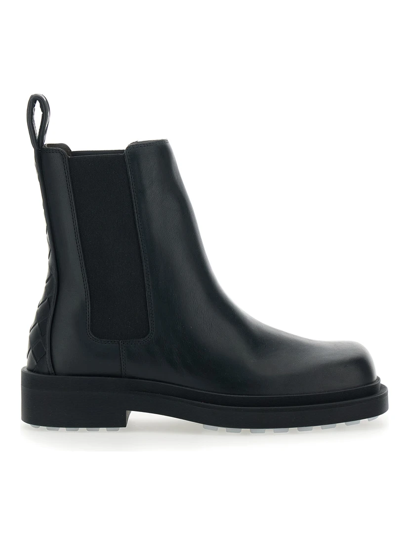 Black Ankle Boots with Elastic Side and Intreccio on the Back in Leather Woman