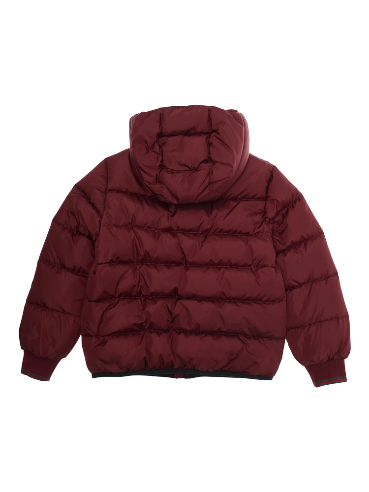 Bordeaux Down Jacket with Fixed Hood and Web Details on the Edges in Tech Fabric Boy alternative