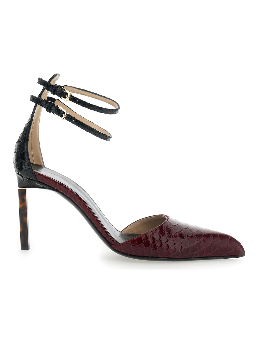 Bordeaux Pumps with High Stiletto Heel and Ankle Strap Closure in Leather Woman