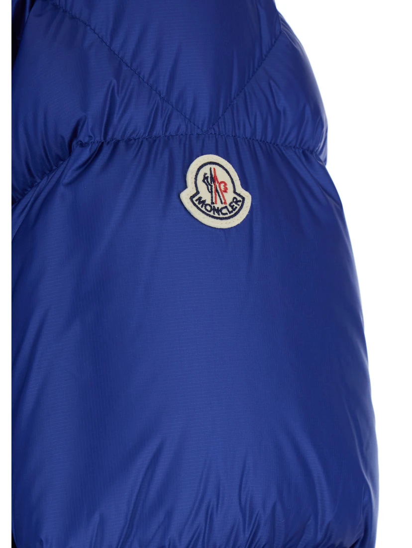 Rivau Blue Down Jacket with Fixed Hood and Logo Patch on the Sleeve in Tech Fabric Man
