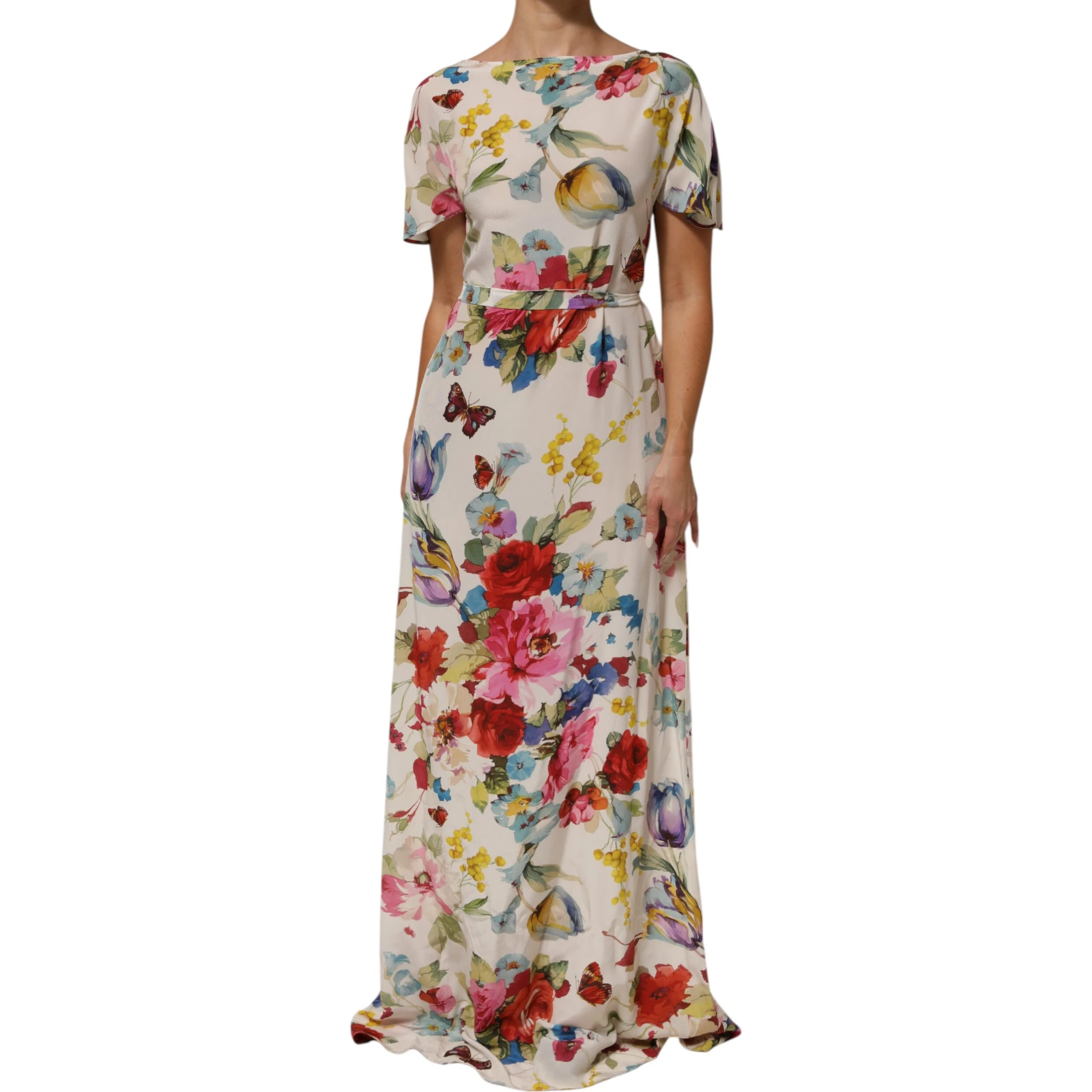 White Floral Print Silk Sheath LongGown Dress