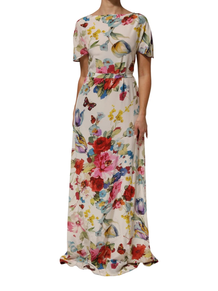 White Floral Print Silk Sheath LongGown Dress alternative