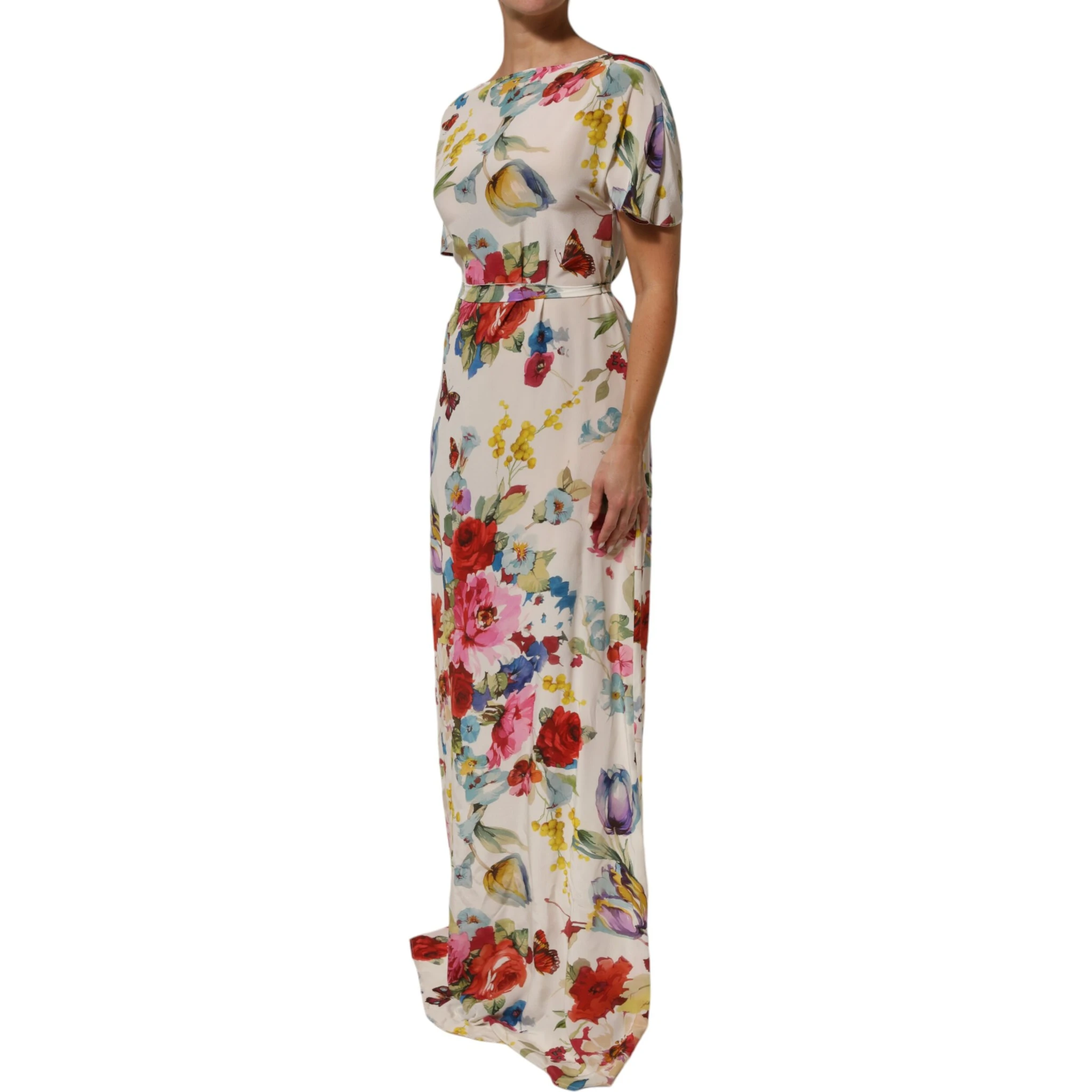 White Floral Print Silk Sheath LongGown Dress