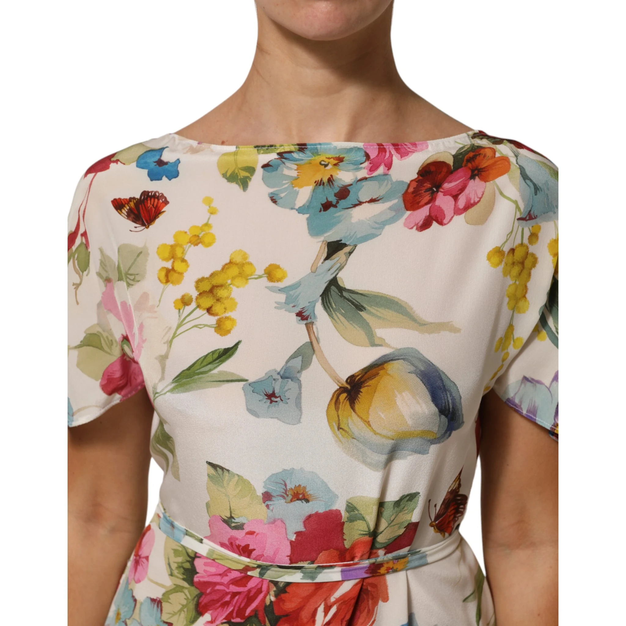 White Floral Print Silk Sheath LongGown Dress