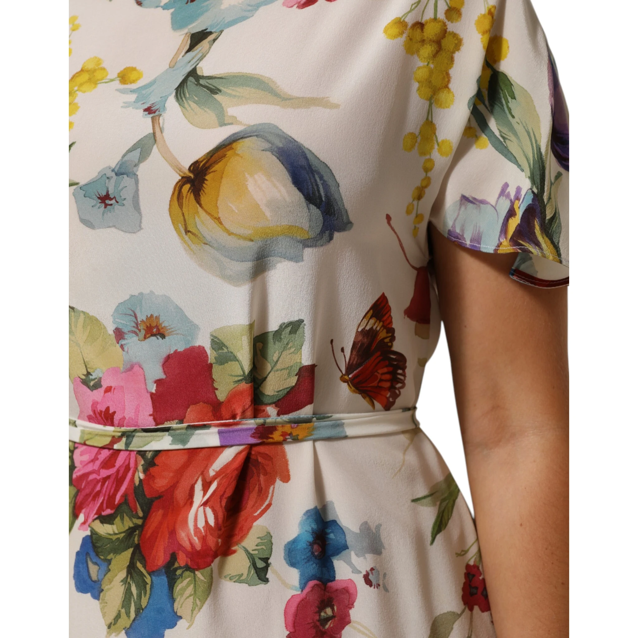 White Floral Print Silk Sheath LongGown Dress