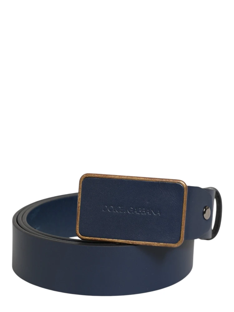 Blue Leather Classic Metal Logo Buckle Belt