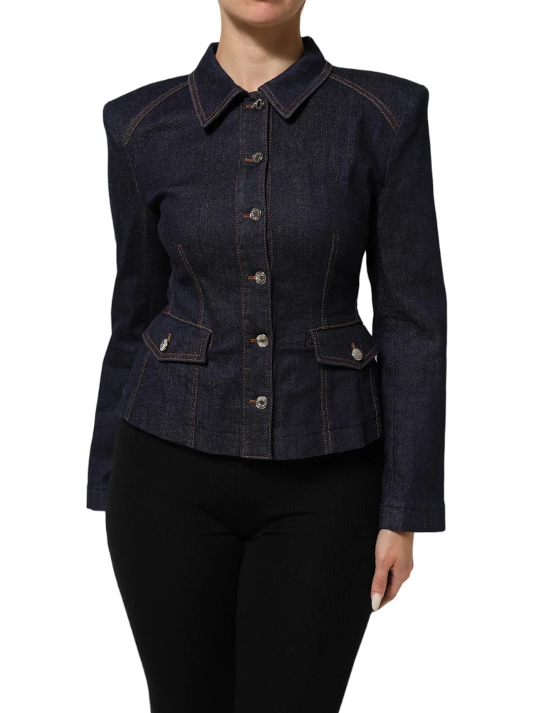 Dark Blue Cotton Collared Denim Coat Jacket