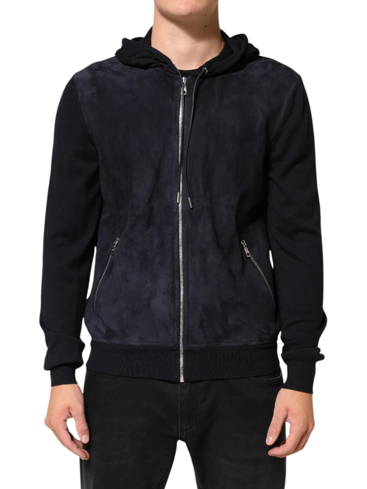 Black Leather Full Zip Hooded Blouson Jacket