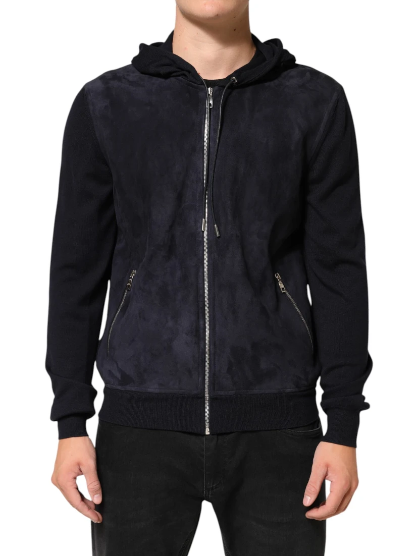 Black Leather Full Zip Hooded Blouson Jacket