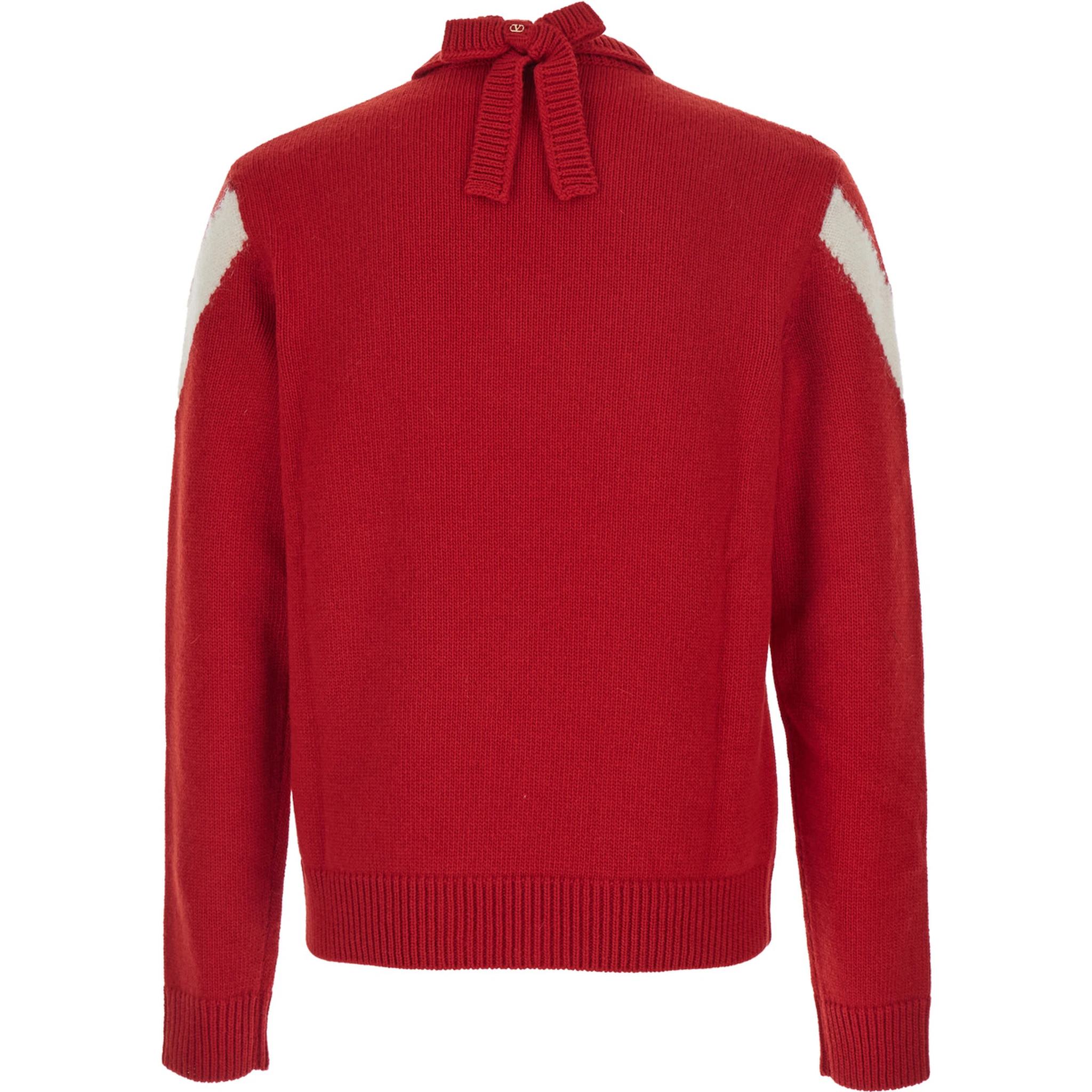 Red Sweater with V Neck and Rear Bow with VLogo Plaque in Wool Man