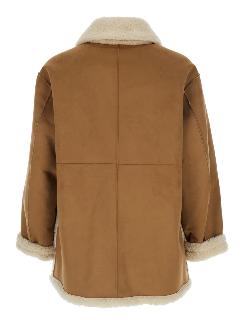 Beige Reversible Shearling Jacket with Classic Collar and Two Front Patch Pockets in Ecofur Man