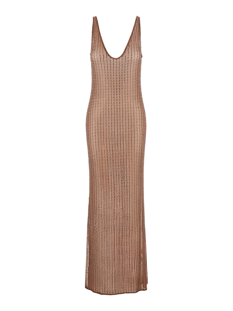 Malibu Brown Dress with V Neck and All-Over Crystal Embellishments in Tech Fabric Stretch Woman