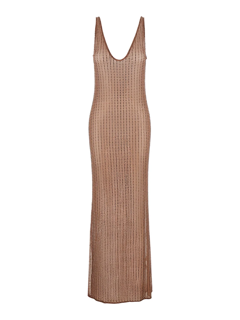 Malibu Brown Dress with V Neck and All-Over Crystal Embellishments in Tech Fabric Stretch Woman
