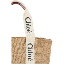 Woody Beige Shoper with with Logoed Shoulder Strap in in Woven Natural Fibers Woman