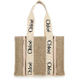 Medium Woody Beige Handbag with Logo in Canvas Woman