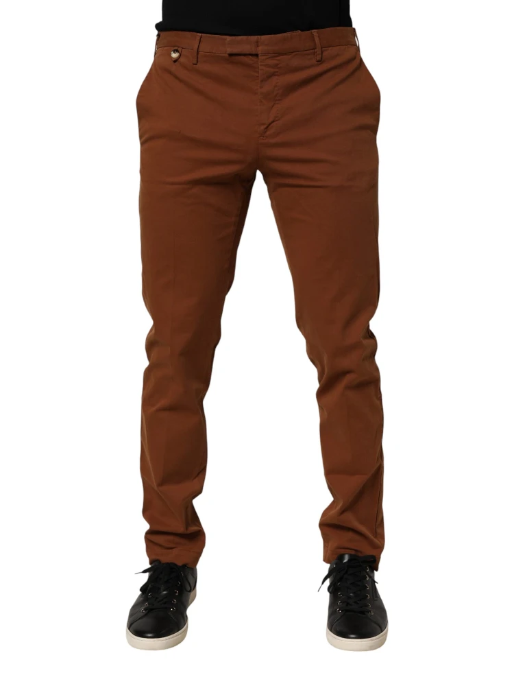 Brown Men Skinny Chino Mid Waist Trouser Pants