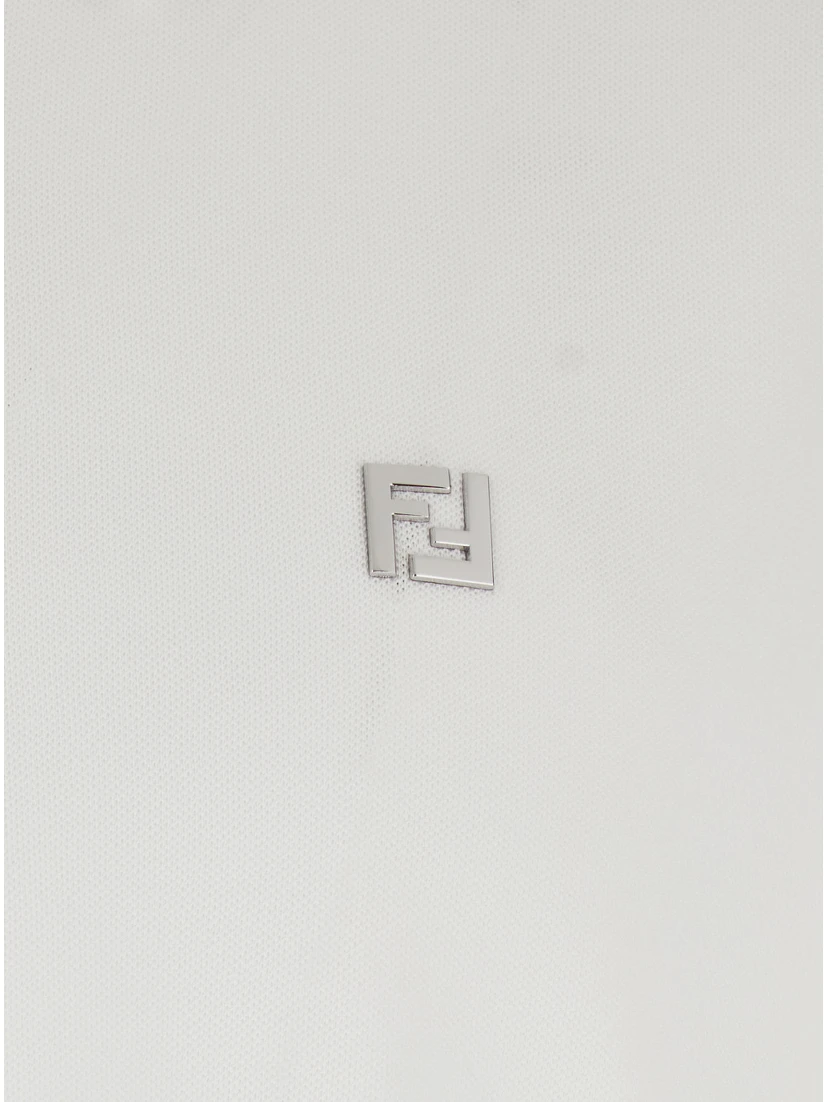White Polo Shirt with Classic Collar and Metallic FF Plaque on the Front in Cotton Woman