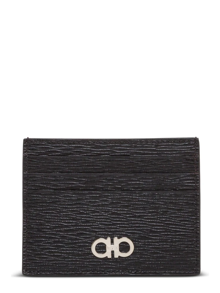 Salvatore Ferragamo Mans Revival Black  Leather Card Holder with Gancini Buckle