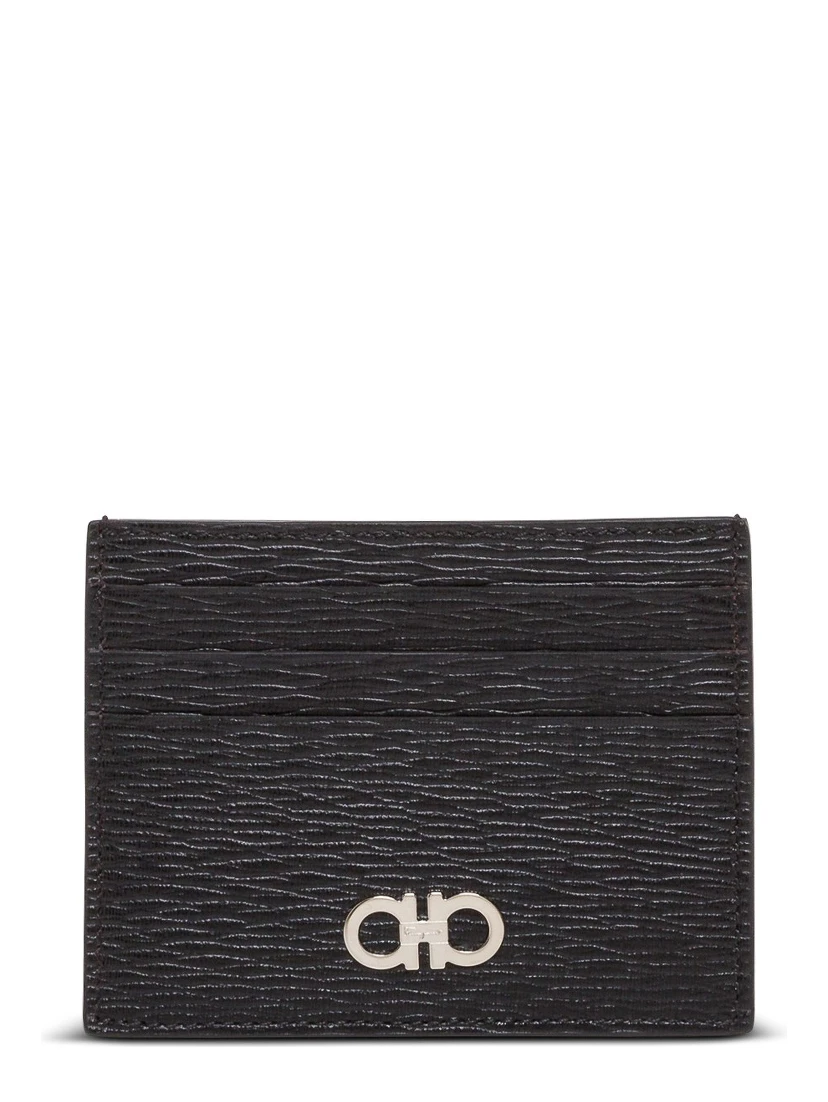 Salvatore Ferragamo Mans Revival Black  Leather Card Holder with Gancini Buckle
