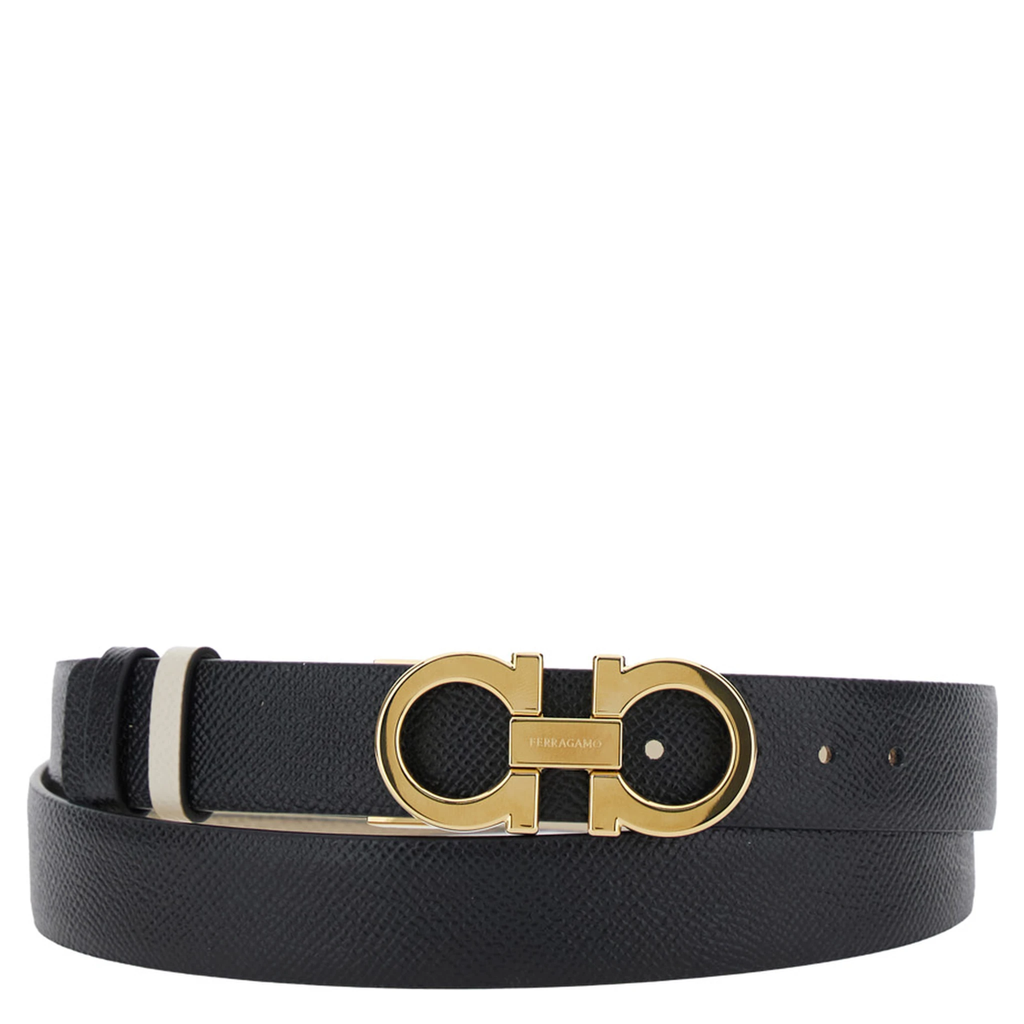 White Belt with Gancini Buckle with Logo Lettering in Leather Woman
