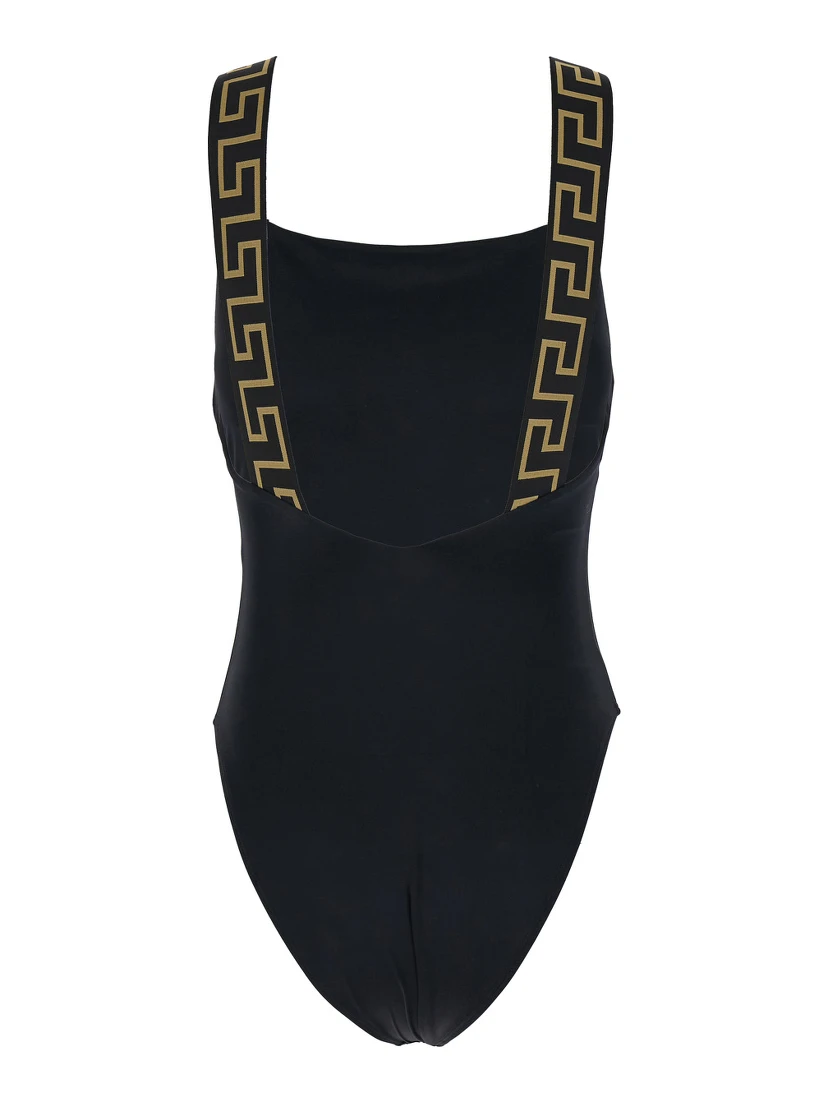 Black One-Piece Swimsuit with Greca Detail in Stretch Polyamide Woman
