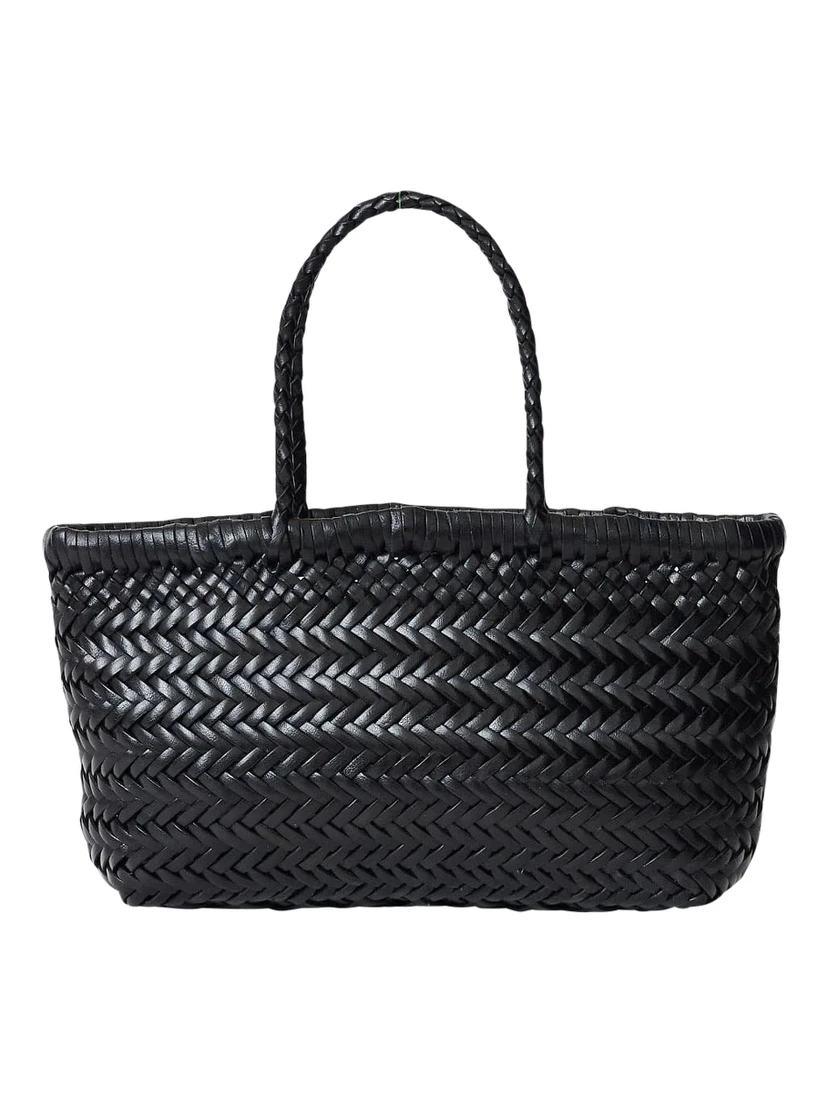 Flat Gora Black Mini Shoulder Bag with Two Top Handles and Interwoven Design in Leather Woman