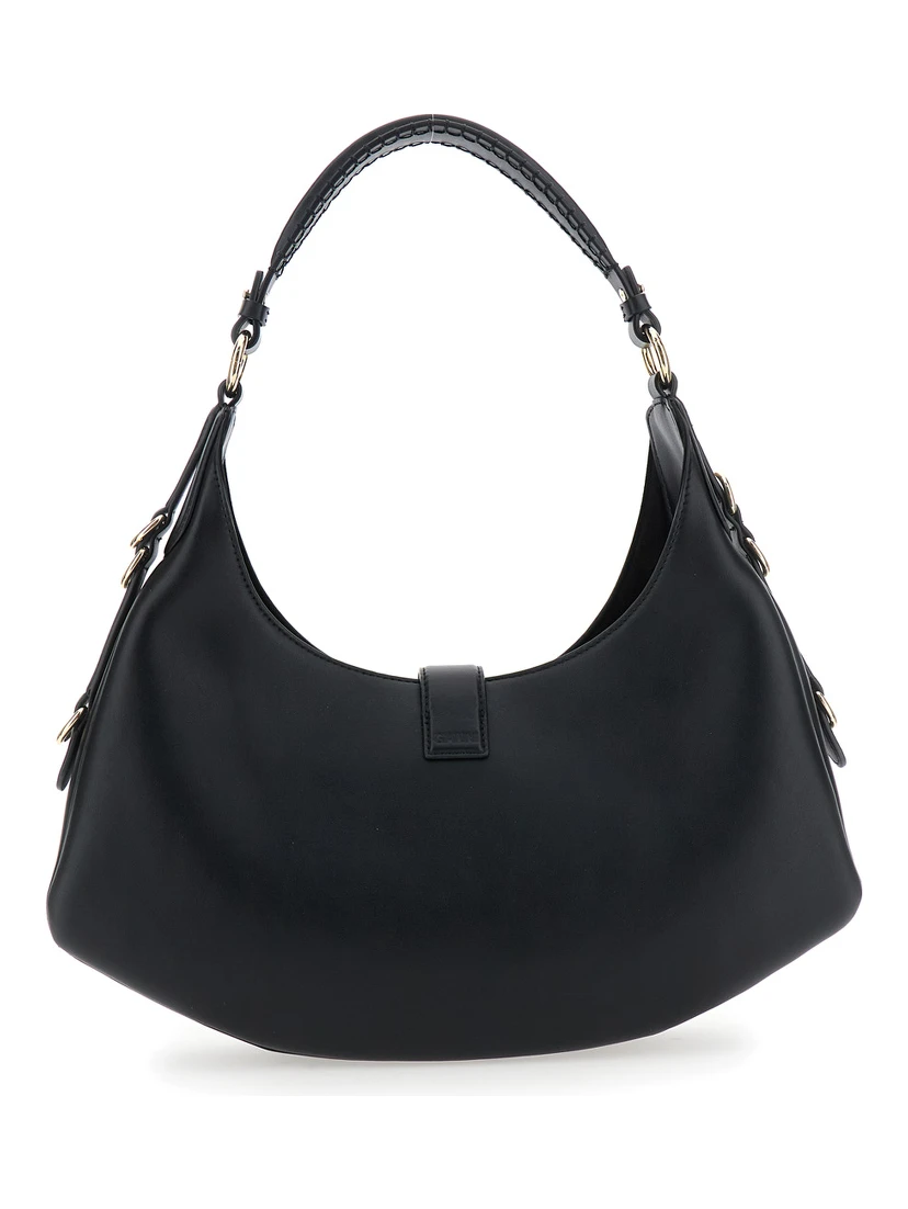 Kat Small Black Shoulder Bag with Adjustable Handle and Logo Plaque on the Front in Leather Woman