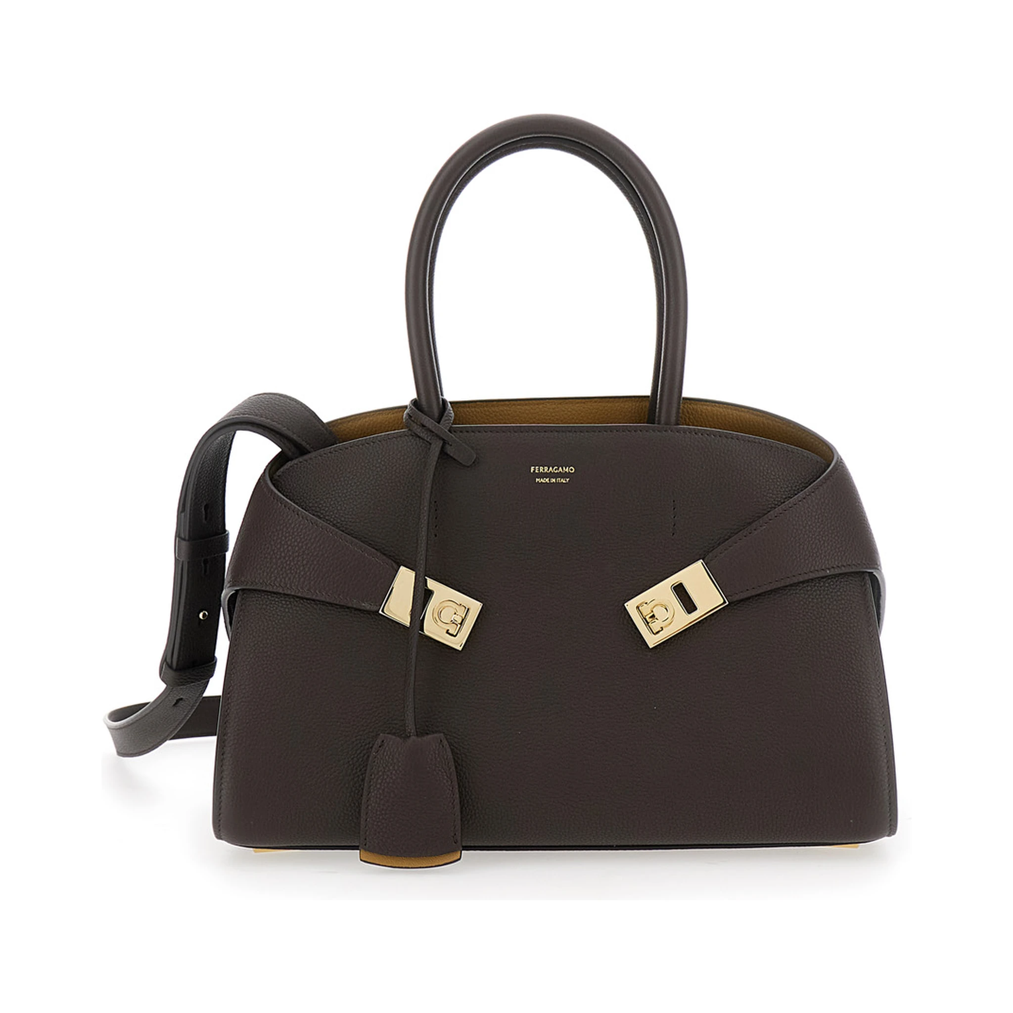 Hug Small Brown Shoulder Bag with Logo and Gancini Buckle in Leather Woman