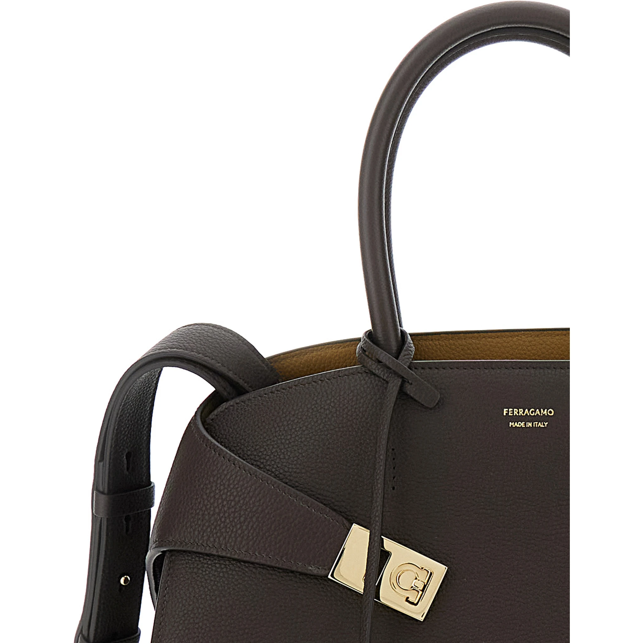 Hug Small Brown Shoulder Bag with Logo and Gancini Buckle in Leather Woman