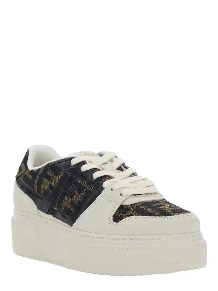 Fendi Match Brown Sneaker with FF Application and Platform in Leather and Canvas Woman