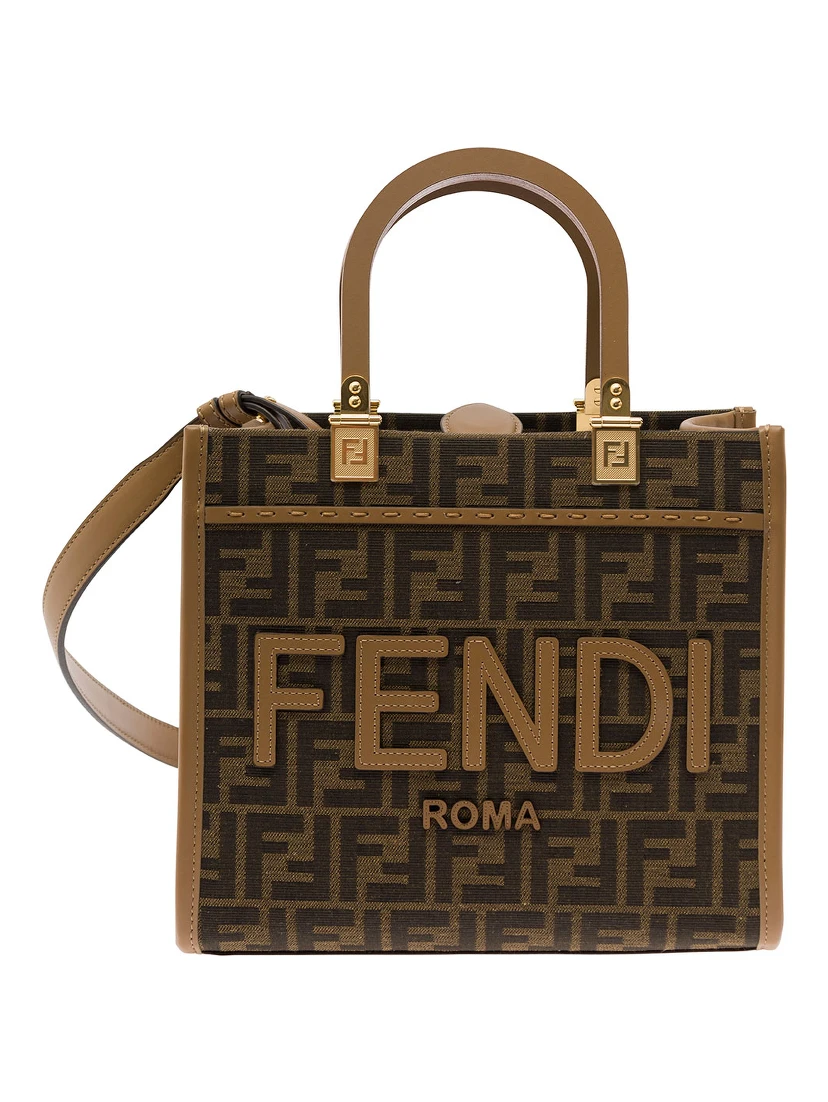 Sunshine Small Brown Tote Bag with Logo in FF Jacquard Canvas and Leather Woman