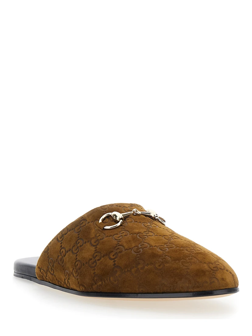 Brown Mule with Horsebit on the Front and All-Over GG Motif in Suede Man