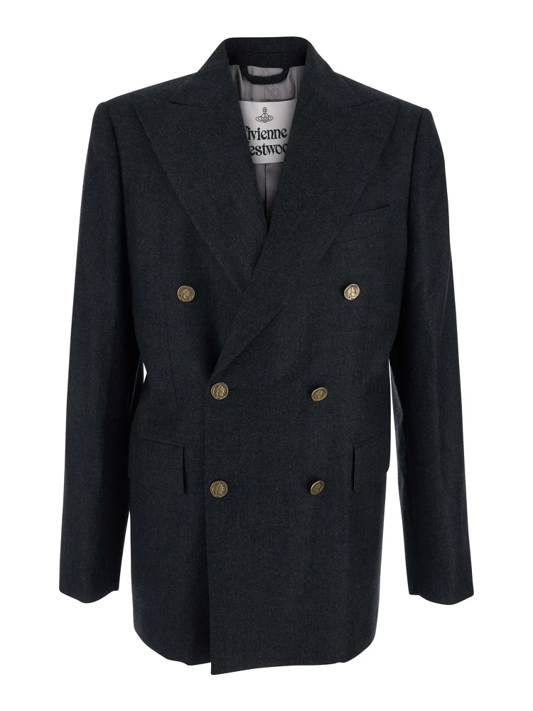 Grey Double-Breasted Jacket with Wide Peak Lapels in Wool Man