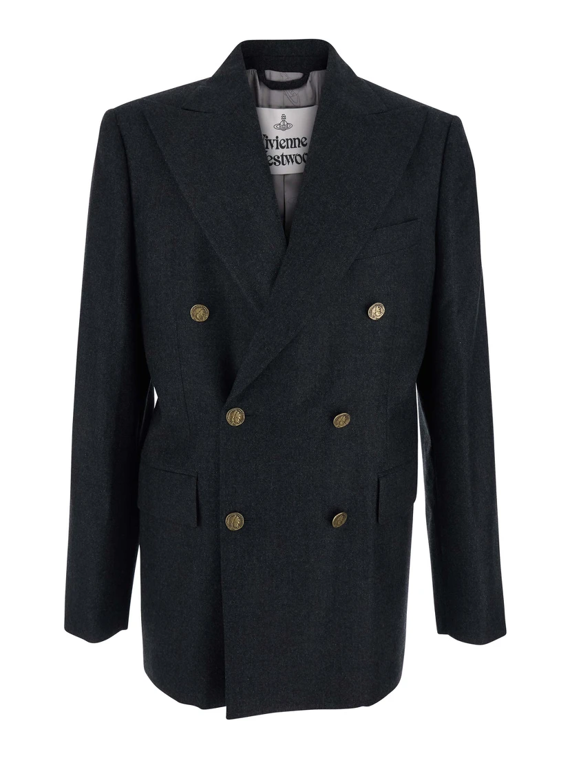 Grey Double-Breasted Jacket with Wide Peak Lapels in Wool Man
