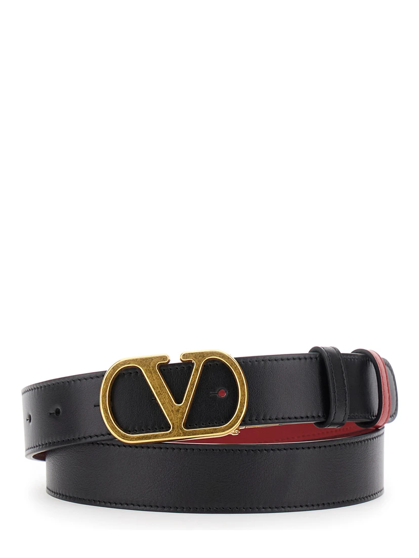 Black Reversible Belt with VLogo Buckle in Leather Woman