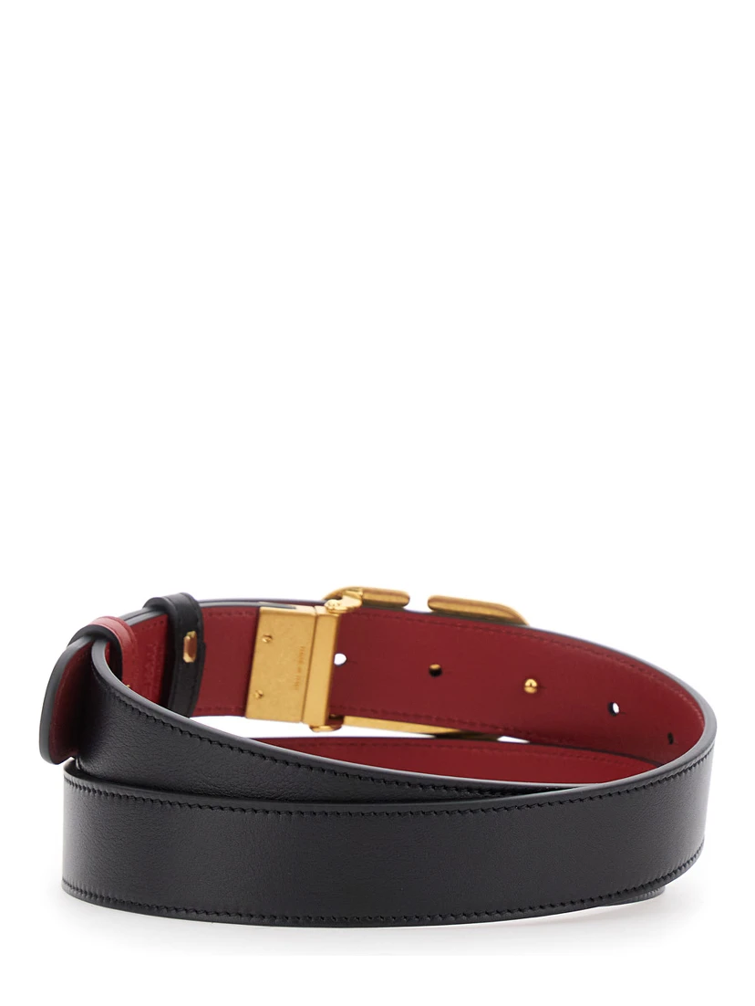 Black Reversible Belt with VLogo Buckle in Leather Woman