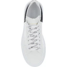 Black and White Low Top Sneakers with Logo Lettering on Tongue and Contrasting Heel in Leather Man