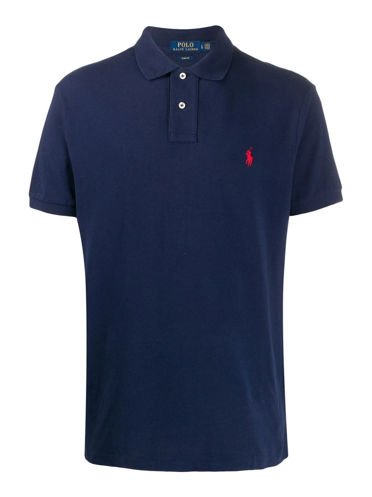 "Slim Fit" Blue Polo Shirt with Classic Collar and Pony Embroidery on the Front in Cotton Piquet Man