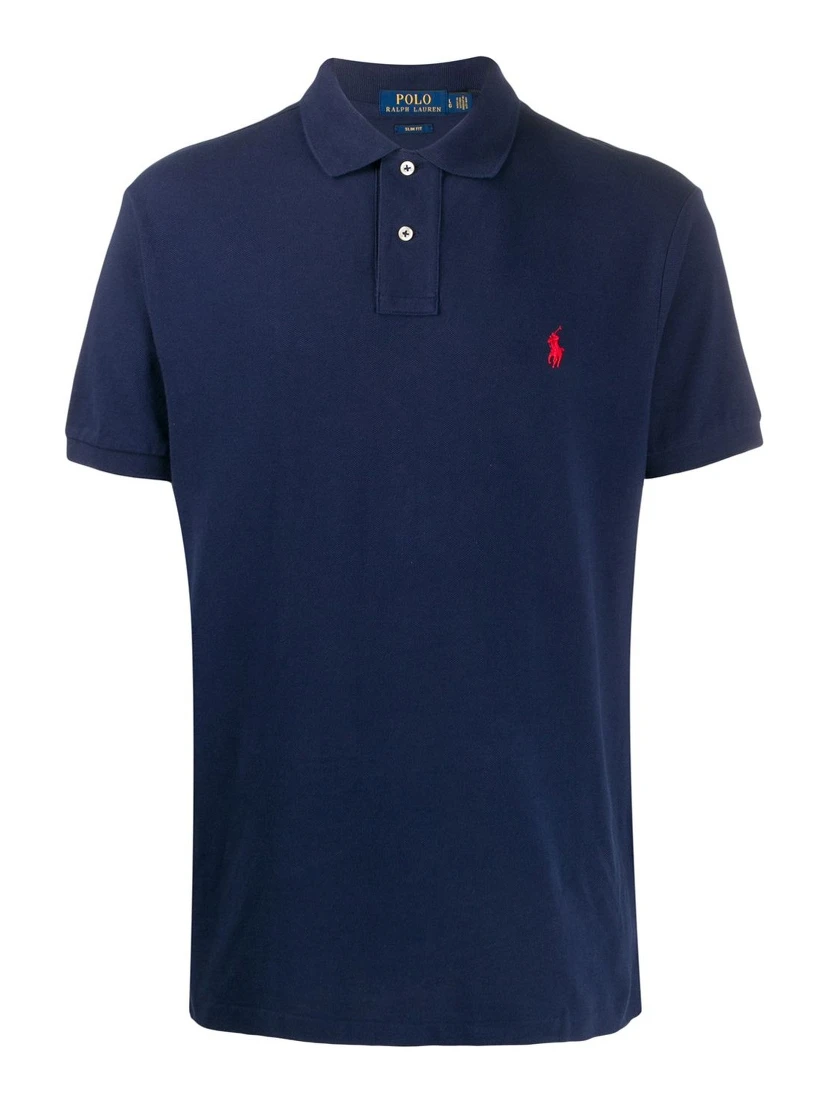 "Slim Fit" Blue Polo Shirt with Classic Collar and Pony Embroidery on the Front in Cotton Piquet Man
