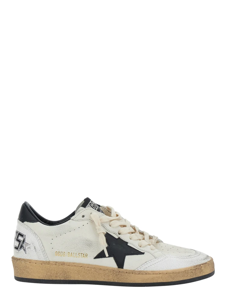 Ballstar Black and White Low Top Sneakers with Star Patch on the Side and Contrasting Heel with Writing in Leather Woman