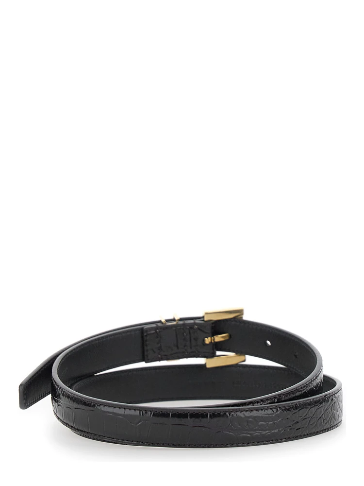Black Fine Belt with Cassandre Detail in Croco Printed Leather Woman alternative