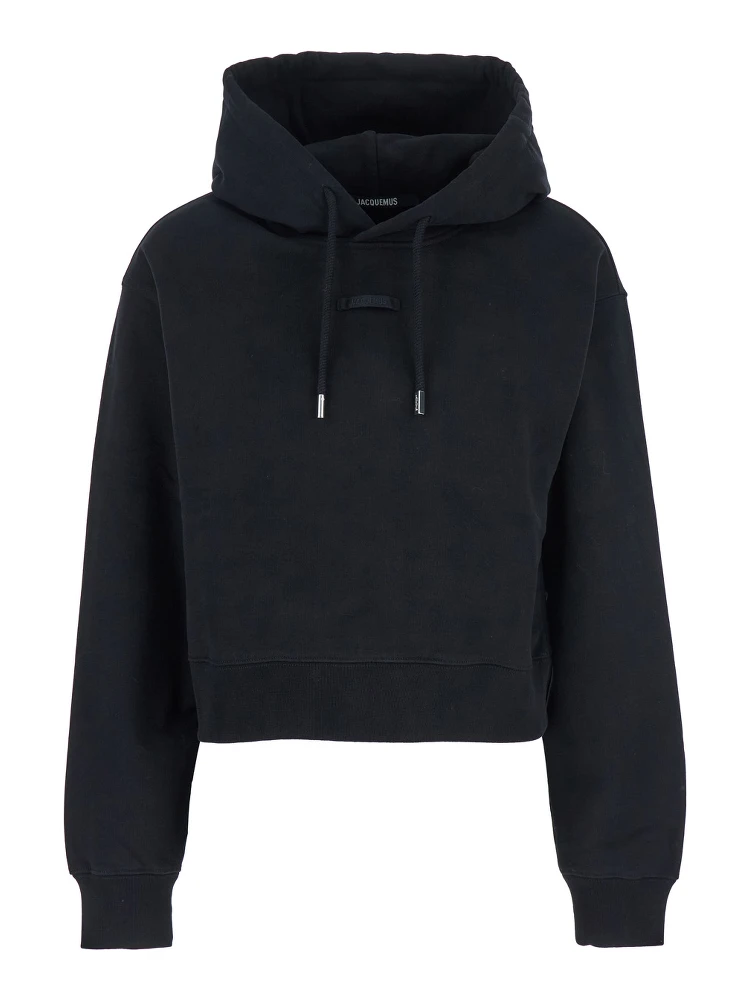 Le Hoodie Gros Grain Black Cropped Hoodie with Drawstring Hood and Logo Patch on the Front in Cotton Woman