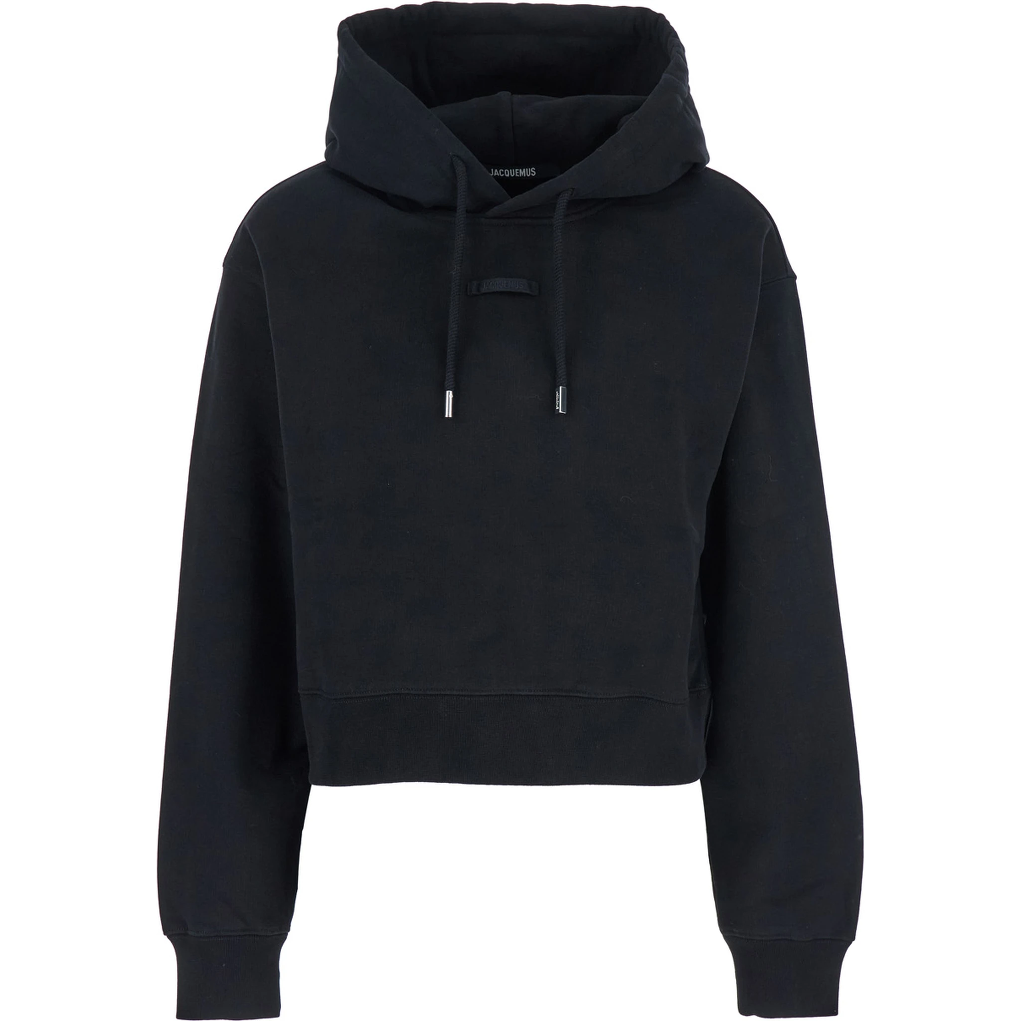 Le Hoodie Gros Grain Black Cropped Hoodie with Drawstring Hood and Logo Patch on the Front in Cotton Woman