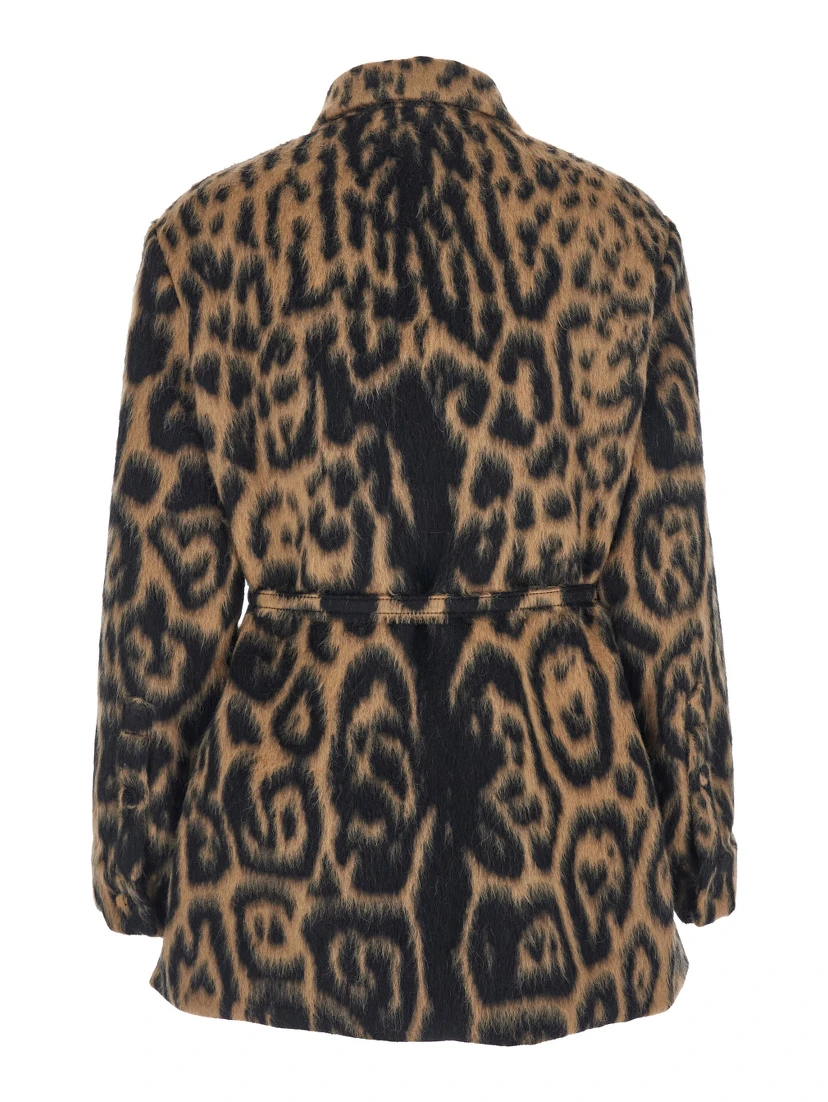Multicolor Coat with FF Buckled Belt on the Front and All-Over Leopard Motif in Wool Blend Woman