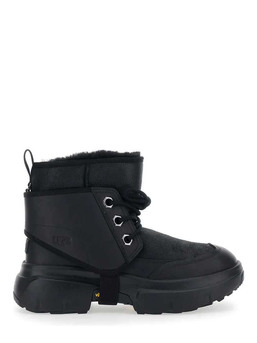 Black Ankle Boots with Side Logo and Platform Sole in Leather Blend Woman