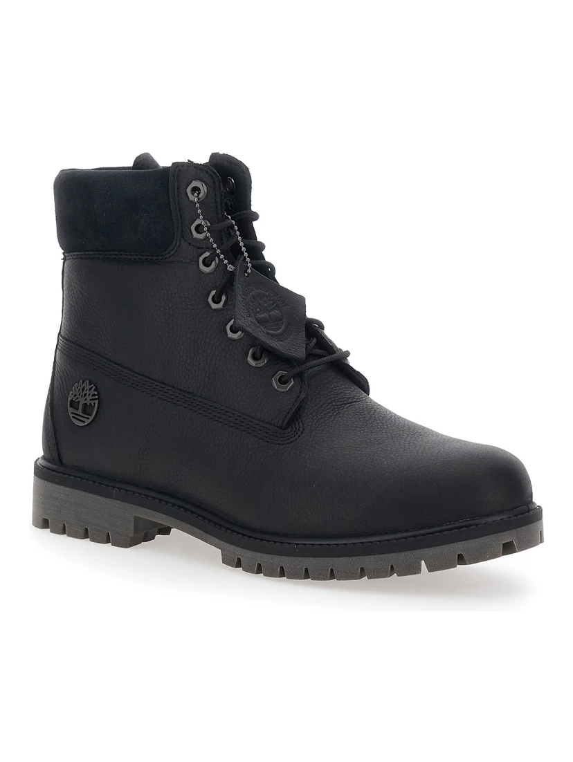 Black Ankle Boots with Logo Detail on the Side and Low Block Heel in Leather Man