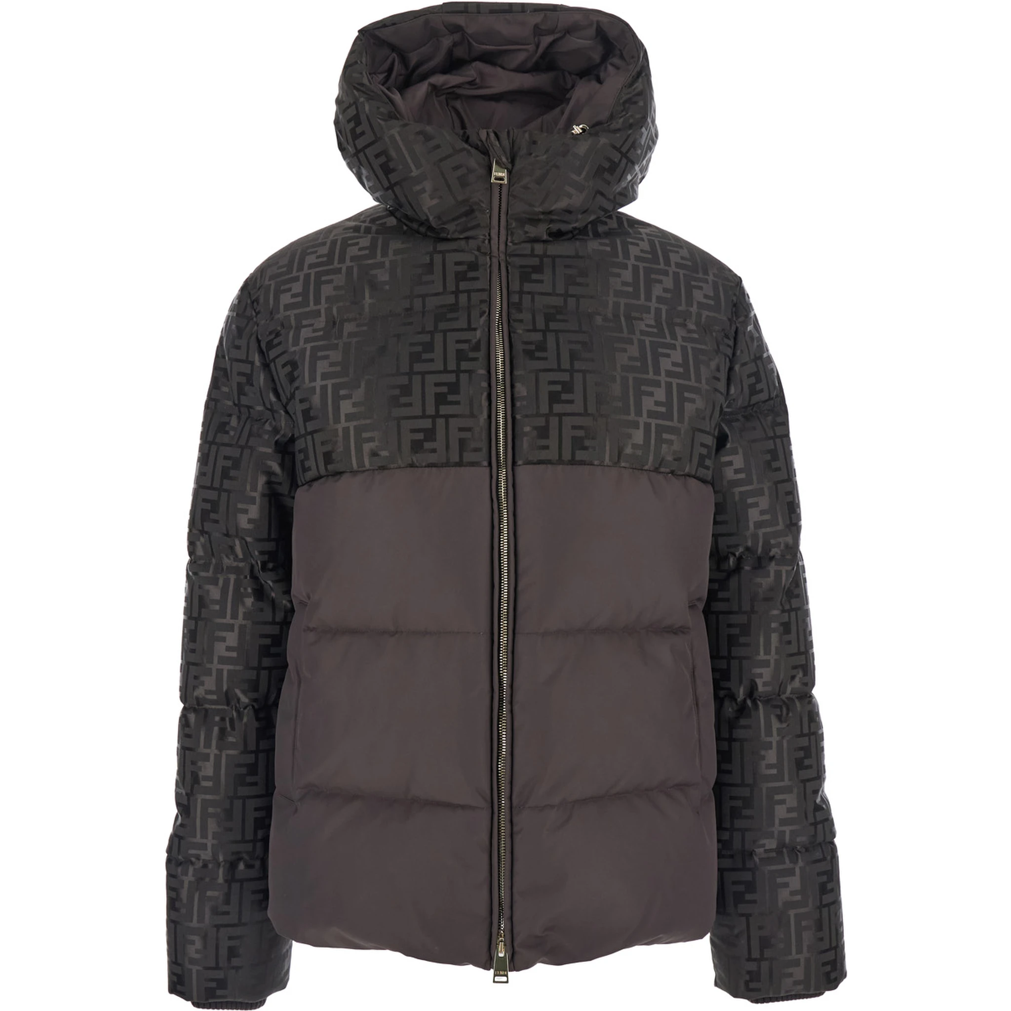 Brown Down Jacket with Drawstring Hood and FF Motif in Tech Fabric Woman