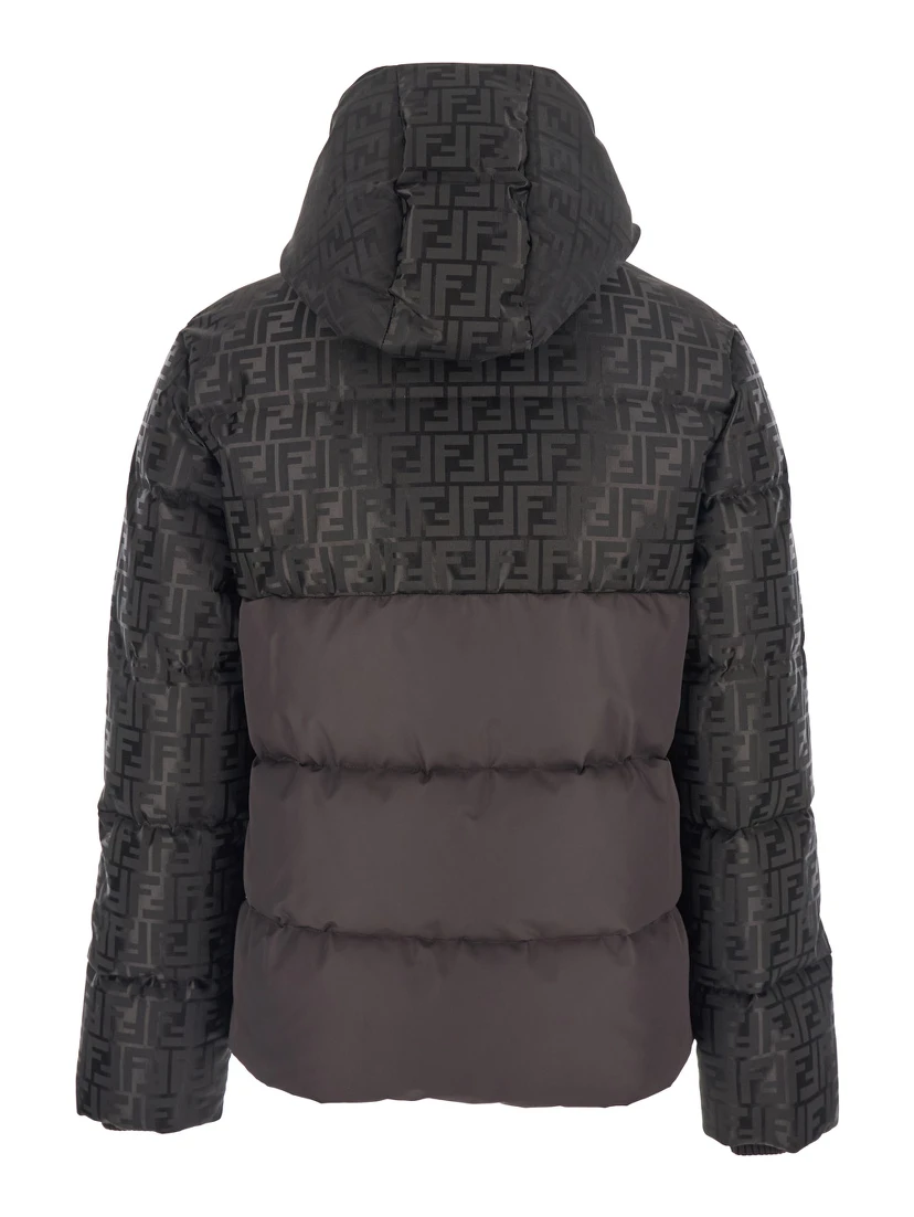 Brown Down Jacket with Drawstring Hood and FF Motif in Tech Fabric Woman