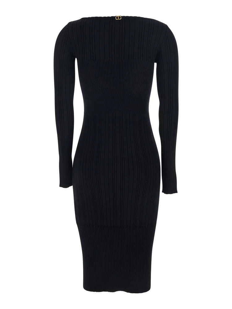 Black Long Dress with Boat Neck and Ribbed Design in Fabric Woman alternative