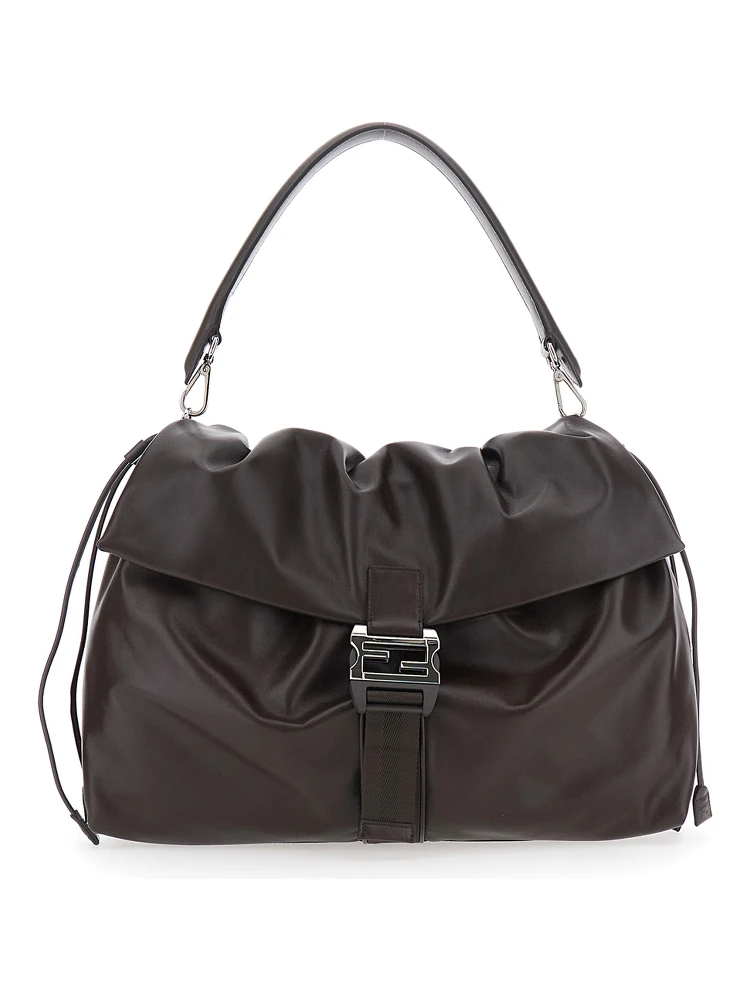 Mama Baguette Large Brown Shoulder Bag with FF Closure on the Front in Leather Man